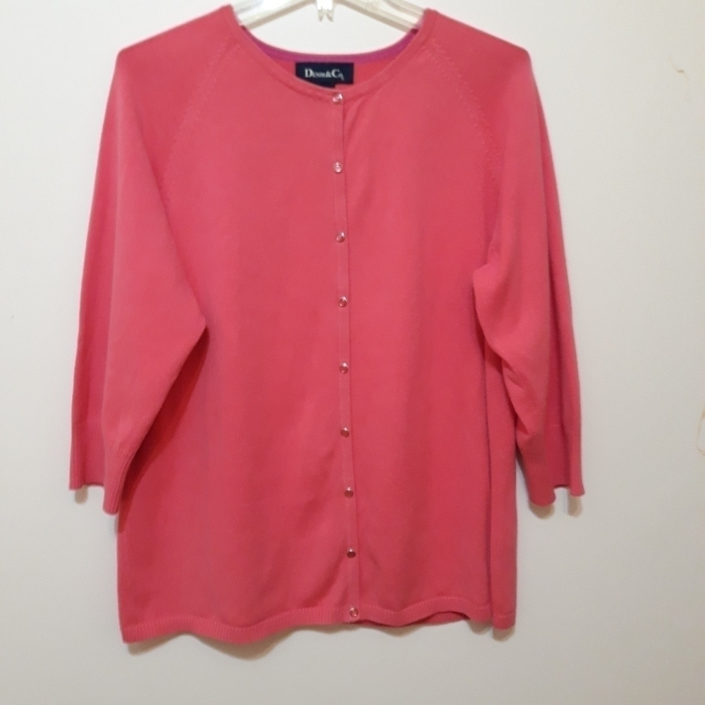 Denim & Co women's sweat cardigan knit cotton 3/4 sleeves pink coral siz…